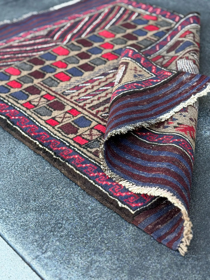 3x4-5 (91x152) Handmade Vintage Afghan Baluch Rug | Crimson Scarlet Wine Red White Ivory Beige Taupe Tan Navy Blue Black | Wool Traditional