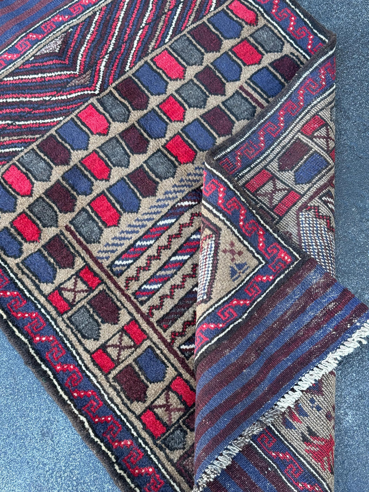 3x4-5 (91x152) Handmade Vintage Afghan Baluch Rug | Crimson Scarlet Wine Red White Ivory Beige Taupe Tan Navy Blue Black | Wool Traditional