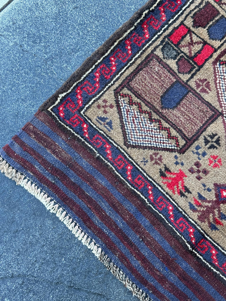 3x4-5 (91x152) Handmade Vintage Afghan Baluch Rug | Crimson Scarlet Wine Red White Ivory Beige Taupe Tan Navy Blue Black | Wool Traditional