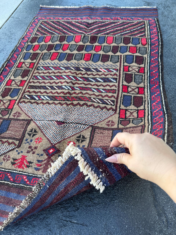 3x4-5 (91x152) Handmade Vintage Afghan Baluch Rug | Crimson Scarlet Wine Red White Ivory Beige Taupe Tan Navy Blue Black | Wool Traditional