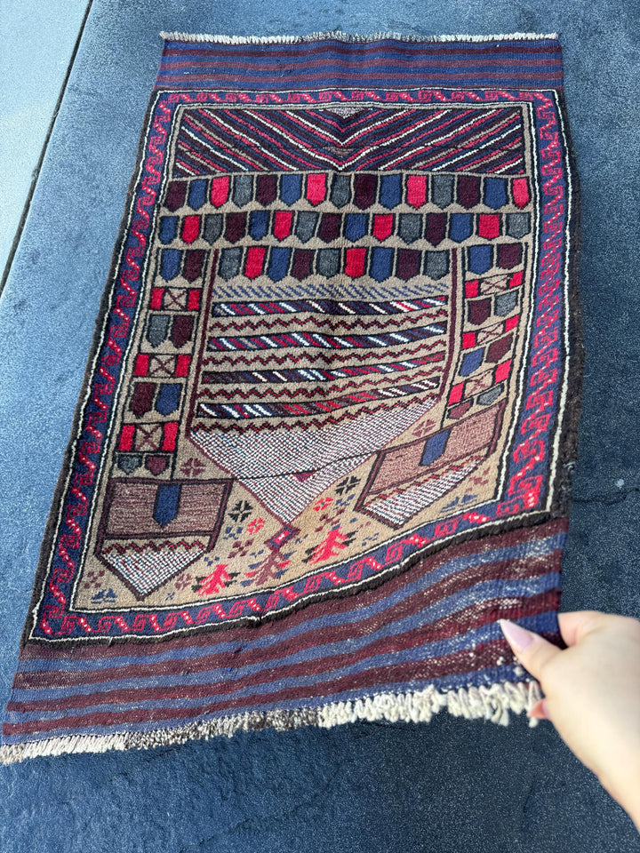 3x4-5 (91x152) Handmade Vintage Afghan Baluch Rug | Crimson Scarlet Wine Red White Ivory Beige Taupe Tan Navy Blue Black | Wool Traditional