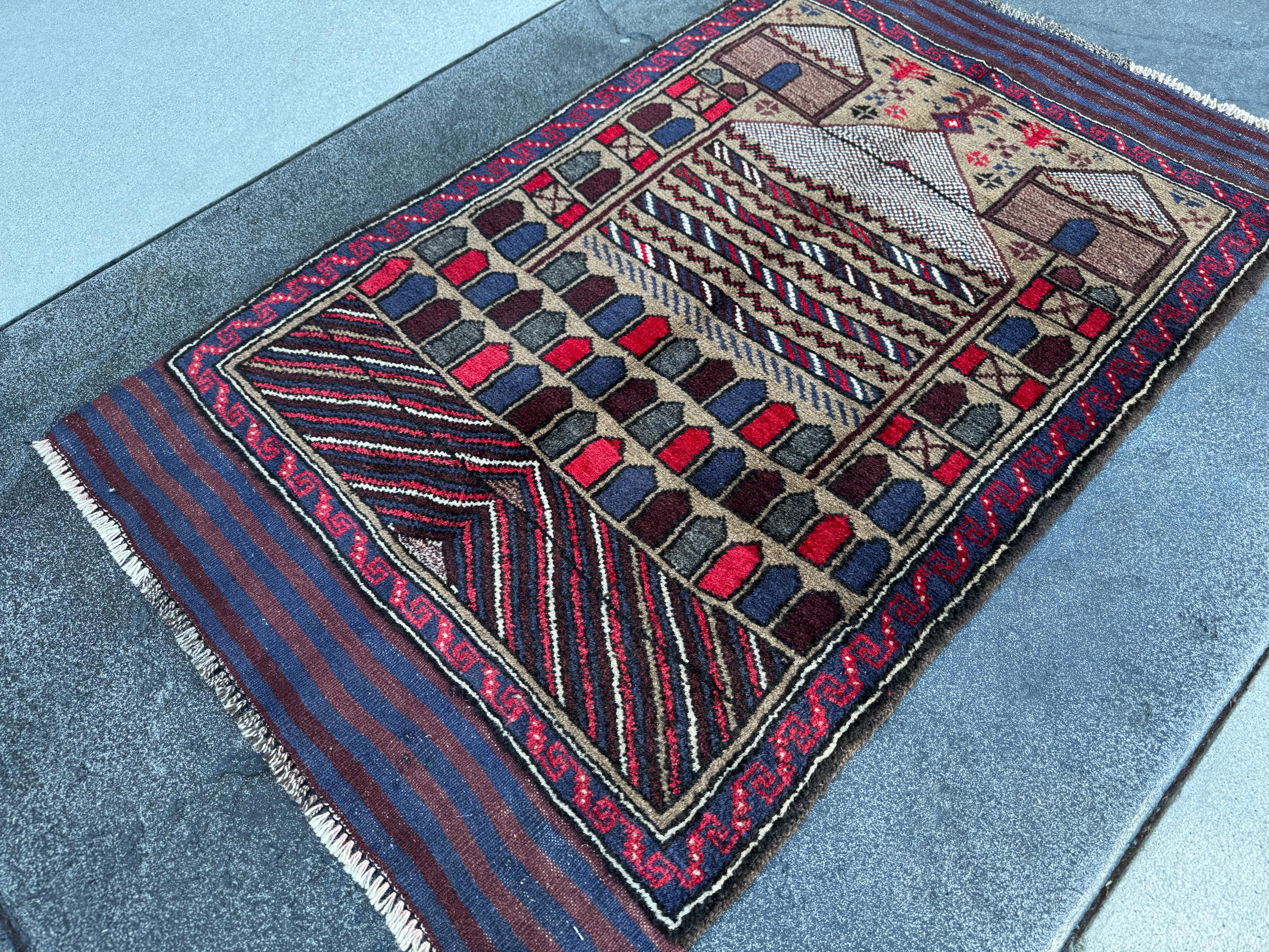 3x4-5 (91x152) Handmade Vintage Afghan Baluch Rug | Crimson Scarlet Wine Red White Ivory Beige Taupe Tan Navy Blue Black | Wool Traditional