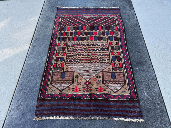 3x4-5 (91x152) Handmade Vintage Afghan Baluch Rug | Crimson Scarlet Wine Red White Ivory Beige Taupe Tan Navy Blue Black | Wool Traditional