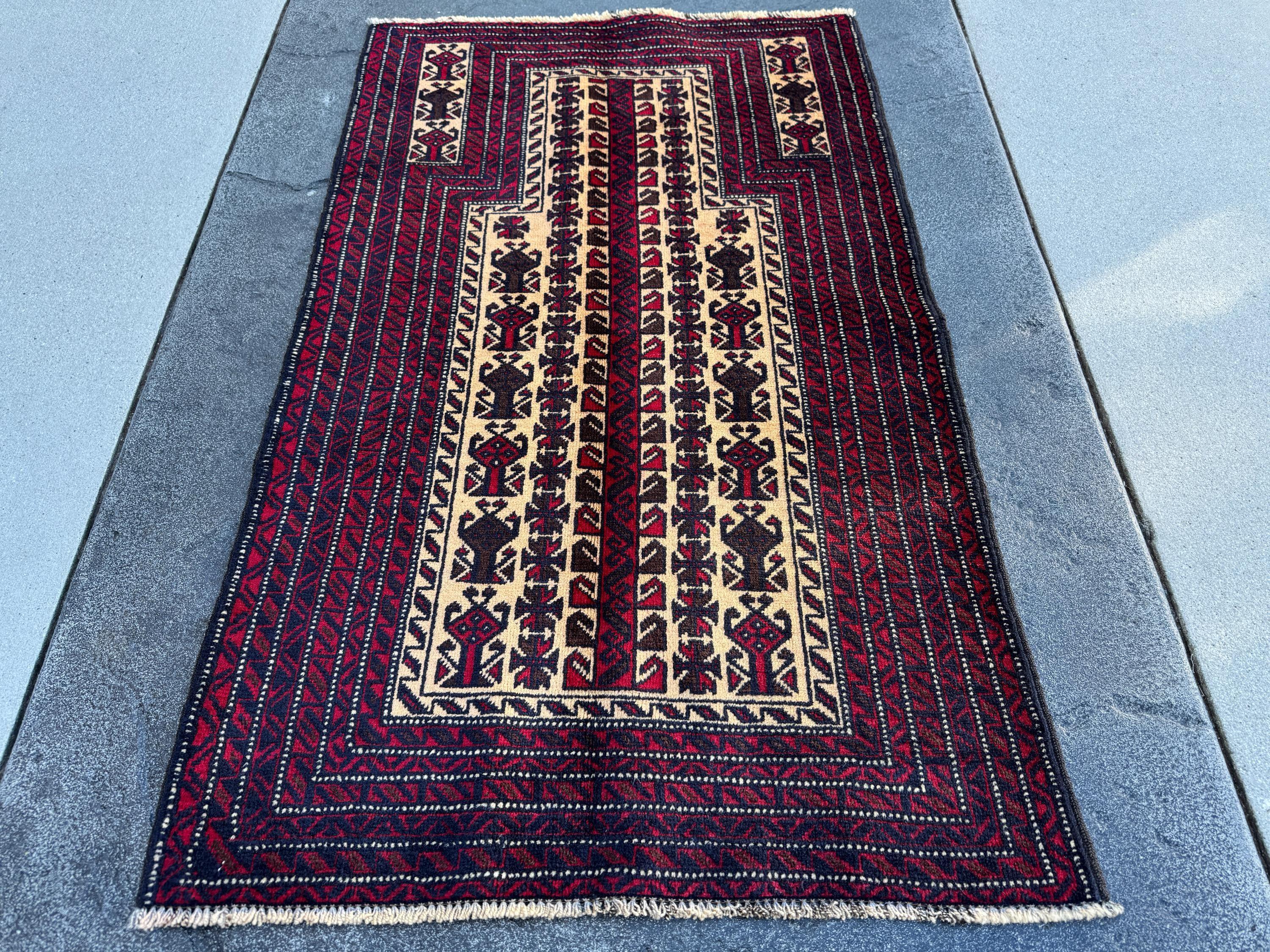 3x4 (91x121) Handmade Vintage Afghan Baluch Rug | Blood Red Auburn Black Chocolate Brown Cream White Ivory Midnight Blue | Wool Geometric