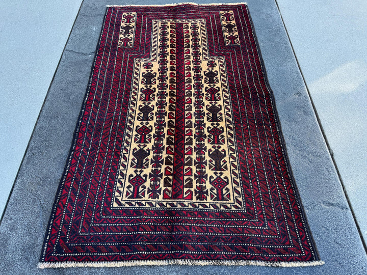 3x4 (91x121) Handmade Vintage Afghan Baluch Rug | Blood Red Auburn Black Chocolate Brown Cream White Ivory Midnight Blue | Wool Geometric