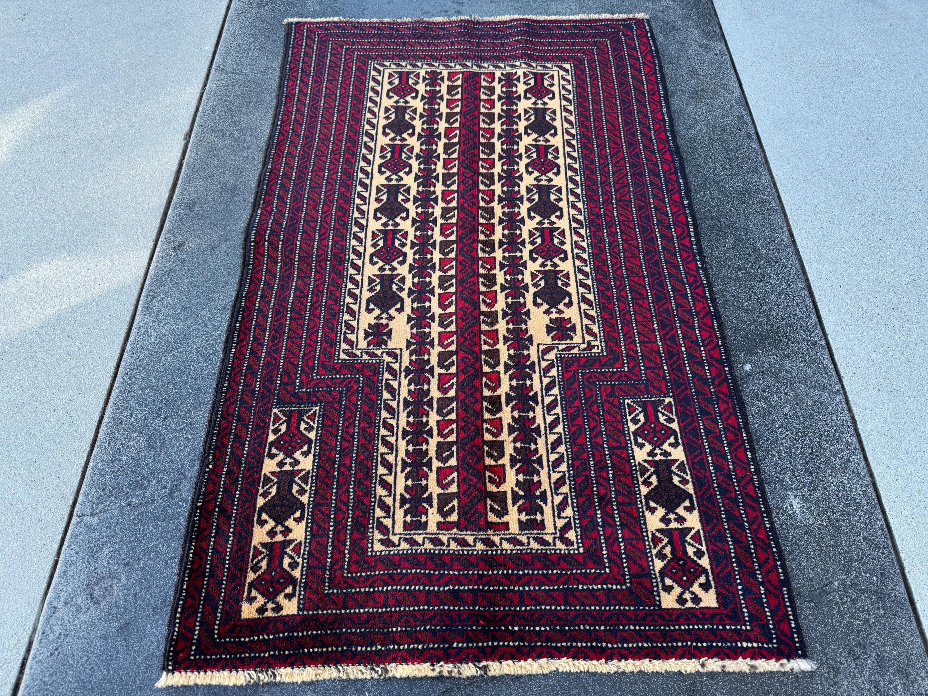 3x4 (91x121) Handmade Vintage Afghan Baluch Rug | Blood Red Auburn Black Chocolate Brown Cream White Ivory Midnight Blue | Wool Geometric