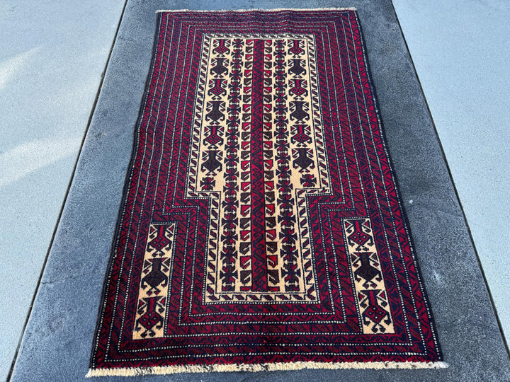 3x4 (91x121) Handmade Vintage Afghan Baluch Rug | Blood Red Auburn Black Chocolate Brown Cream White Ivory Midnight Blue | Wool Geometric