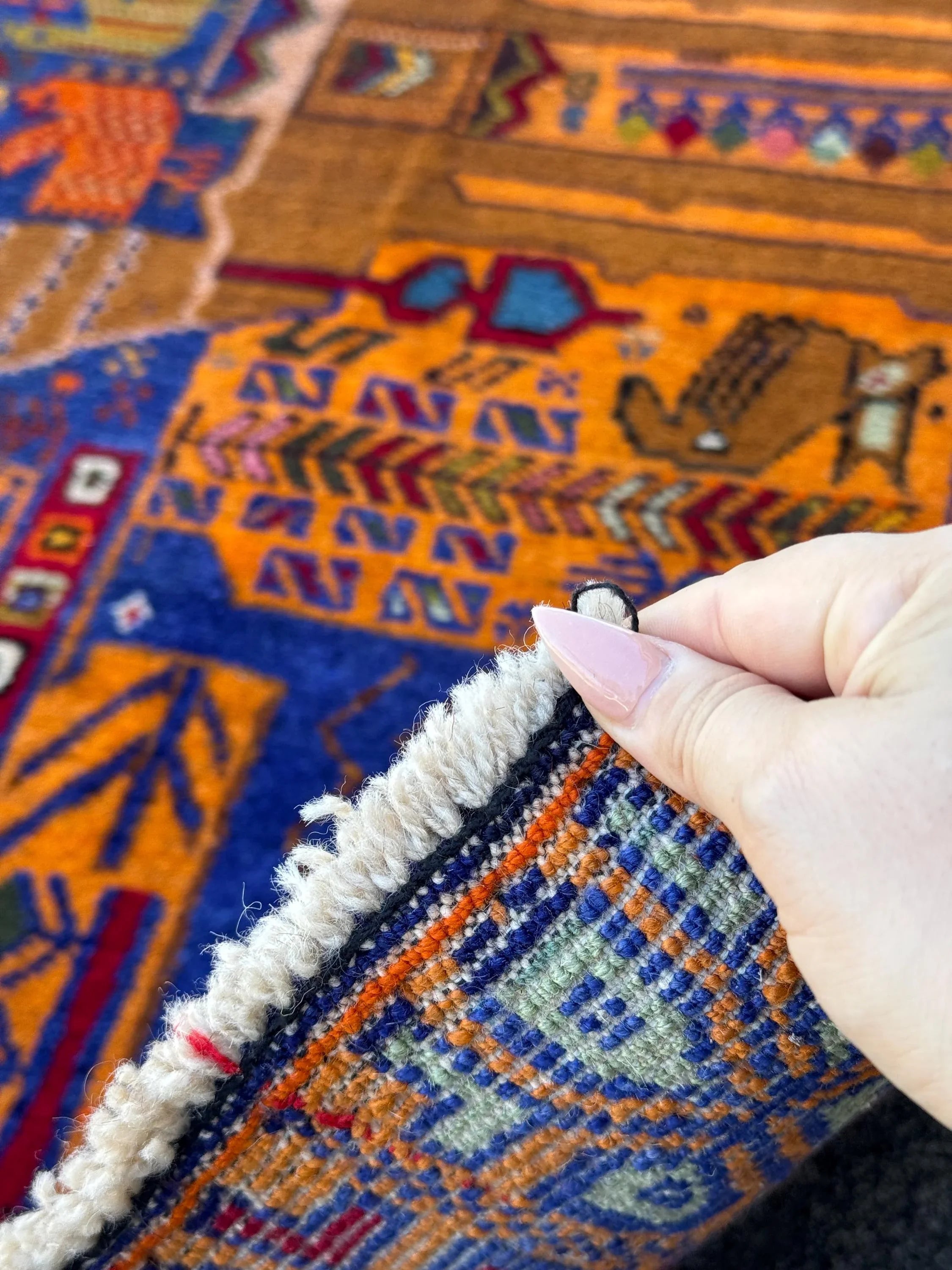 3x5 Handmade Vintage Afghan Baluch Rug | Gold Saffron Mustard Yellow Orange Royal Powder Denim Blue Purple Caramel Blood Red Moss Green Wool