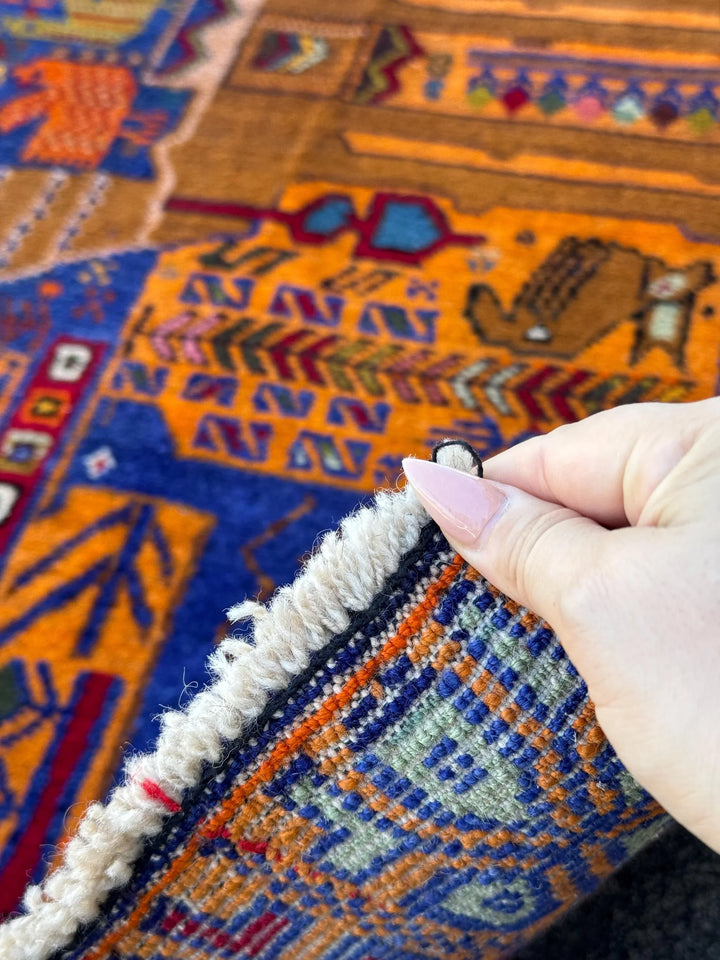 3x5 Handmade Vintage Afghan Baluch Rug | Gold Saffron Mustard Yellow Orange Royal Powder Denim Blue Purple Caramel Blood Red Moss Green Wool