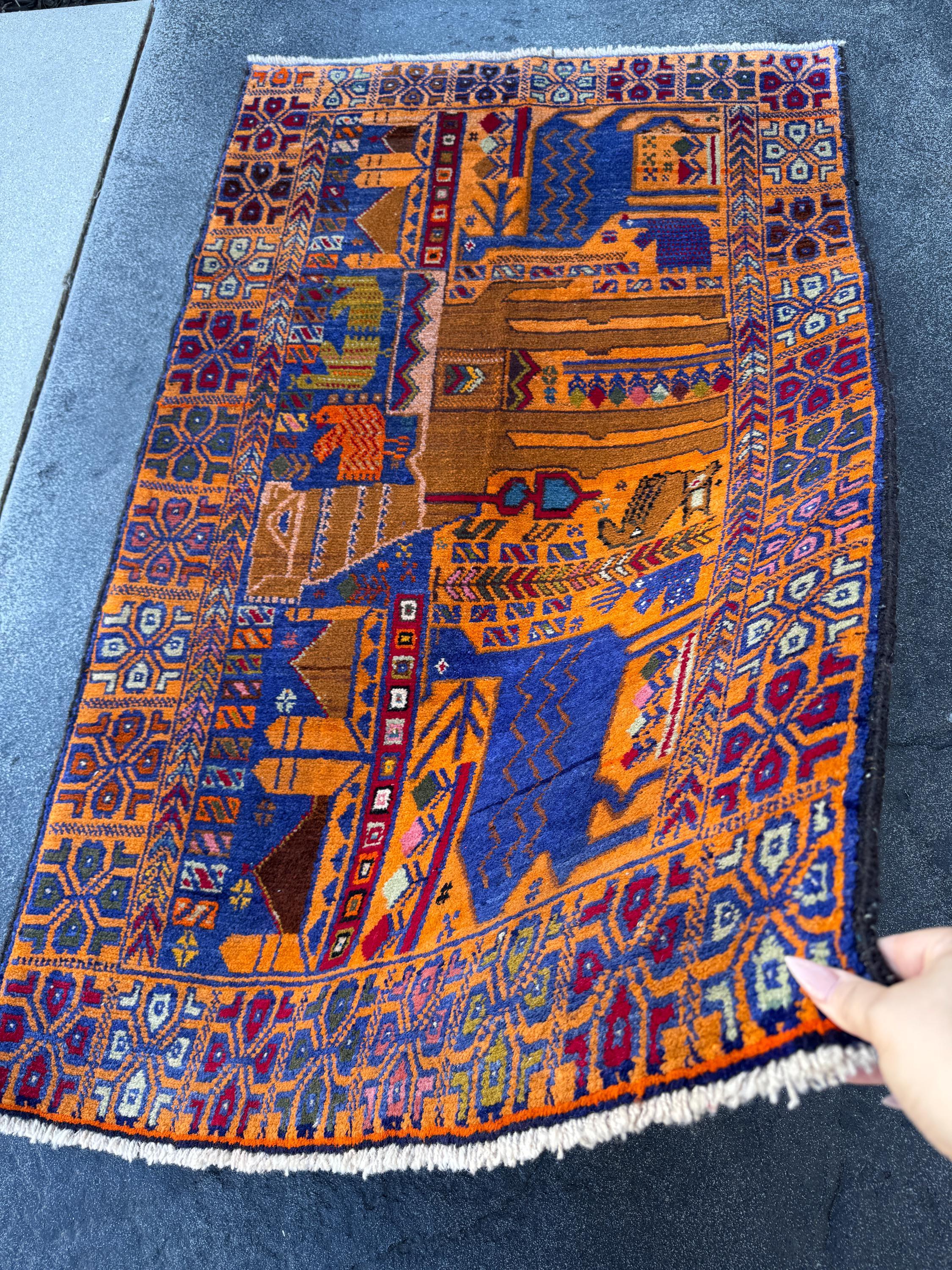 3x5 Handmade Vintage Afghan Baluch Rug | Gold Saffron Mustard Yellow Orange Royal Powder Denim Blue Purple Caramel Blood Red Moss Green Wool