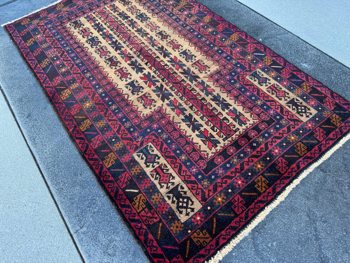 3x5 (91x152) Handmade Vintage Afghan Baluch Rug | Brick Auburn Red Gold Beige Cream Tan Black Caramel Brown Grey Navy Blue | Wool Geometric