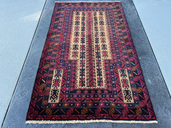 3x5 (91x152) Handmade Vintage Afghan Baluch Rug | Brick Auburn Red Gold Beige Cream Tan Black Caramel Brown Grey Navy Blue | Wool Geometric