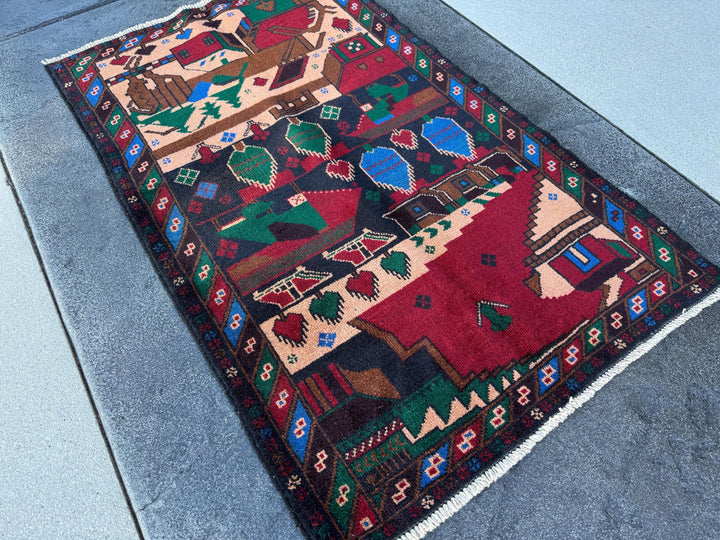3x5 Handmade Vintage Afghan Baluch Rug | Blood Red Denim Royal Midnight Blue Peach Coral Salmon Pink Orange Caramel Brown Black Forest Green