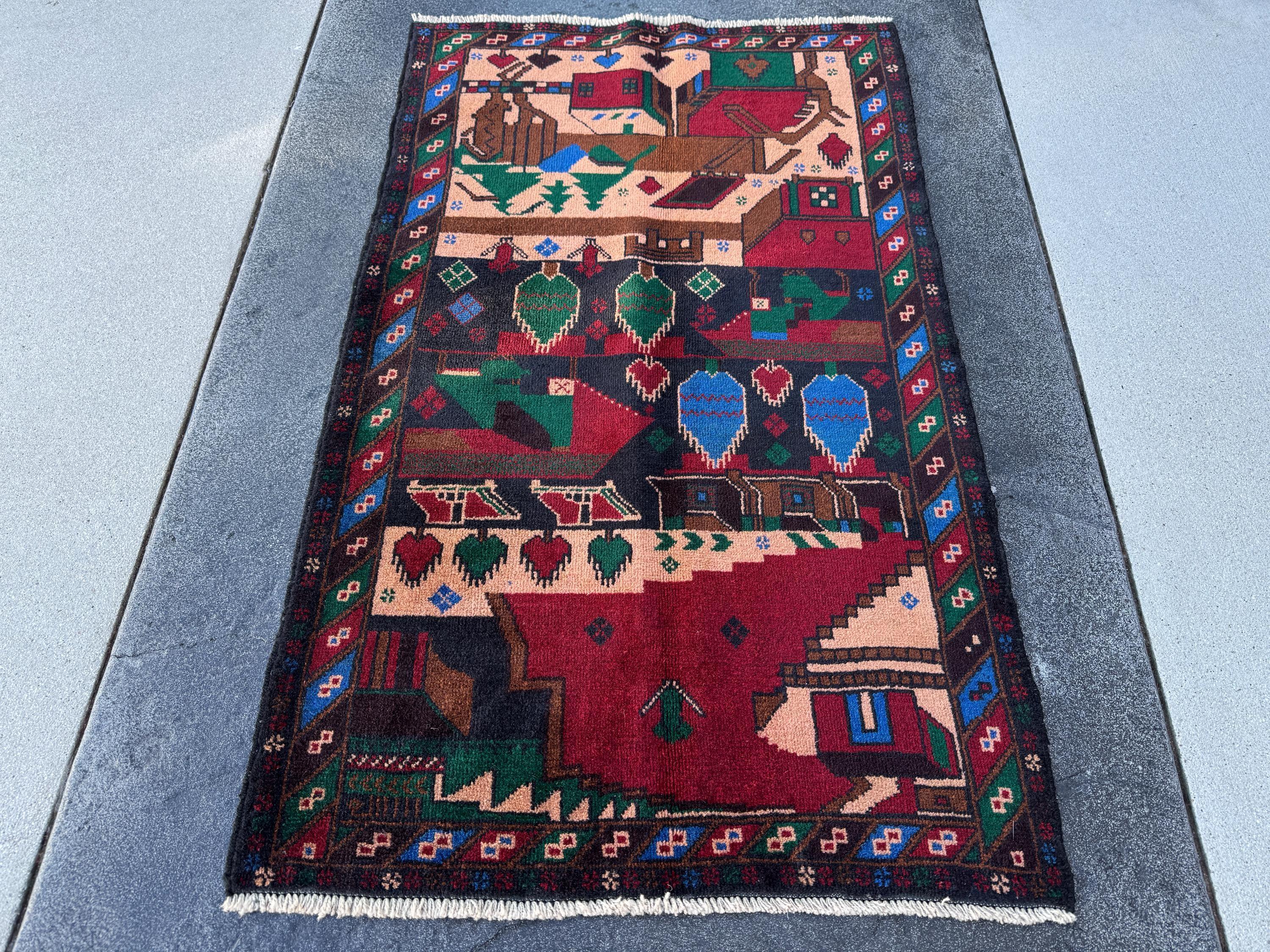 3x5 Handmade Vintage Afghan Baluch Rug | Blood Red Denim Royal Midnight Blue Peach Coral Salmon Pink Orange Caramel Brown Black Forest Green