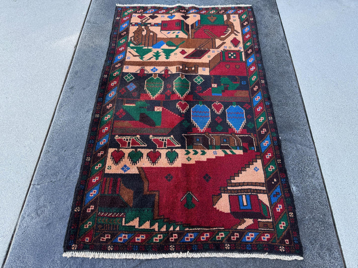 3x5 Handmade Vintage Afghan Baluch Rug | Blood Red Denim Royal Midnight Blue Peach Coral Salmon Pink Orange Caramel Brown Black Forest Green