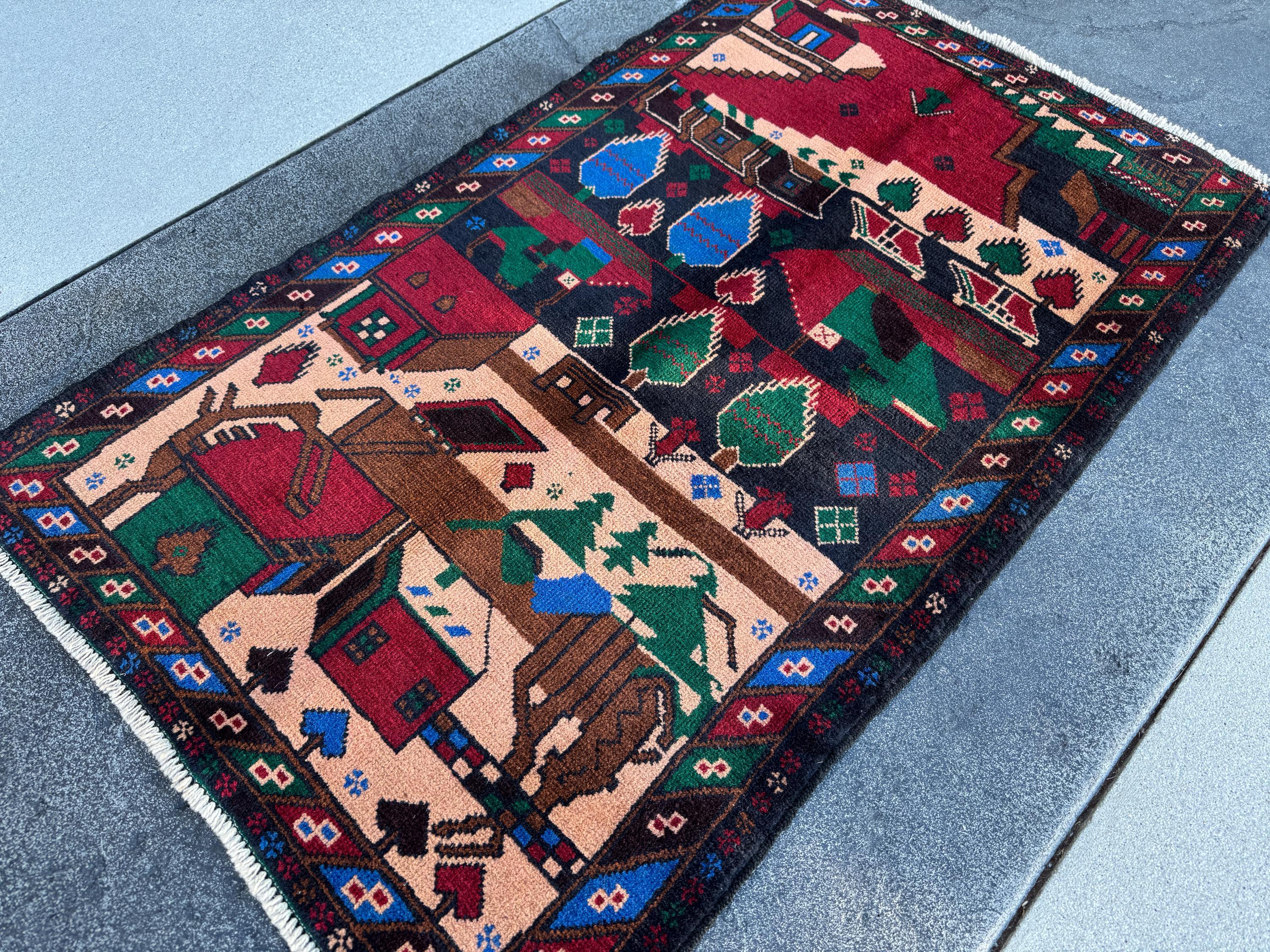 3x5 Handmade Vintage Afghan Baluch Rug | Blood Red Denim Royal Midnight Blue Peach Coral Salmon Pink Orange Caramel Brown Black Forest Green
