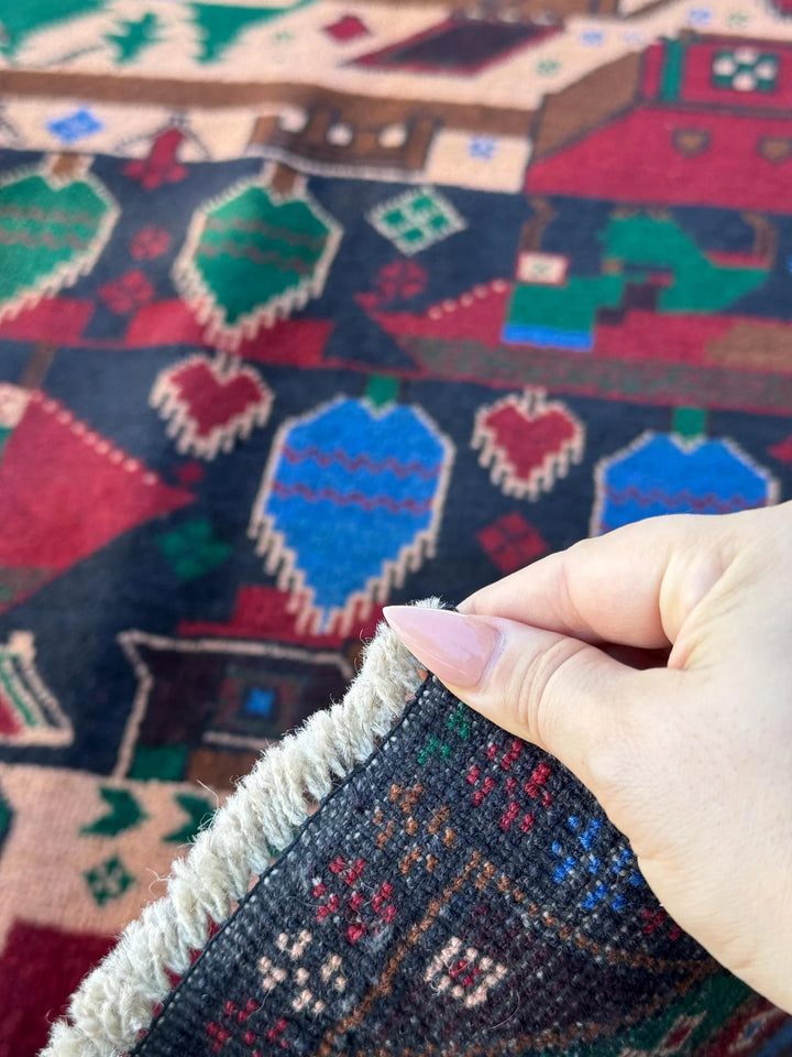 3x5 Handmade Vintage Afghan Baluch Rug | Blood Red Denim Royal Midnight Blue Peach Coral Salmon Pink Orange Caramel Brown Black Forest Green