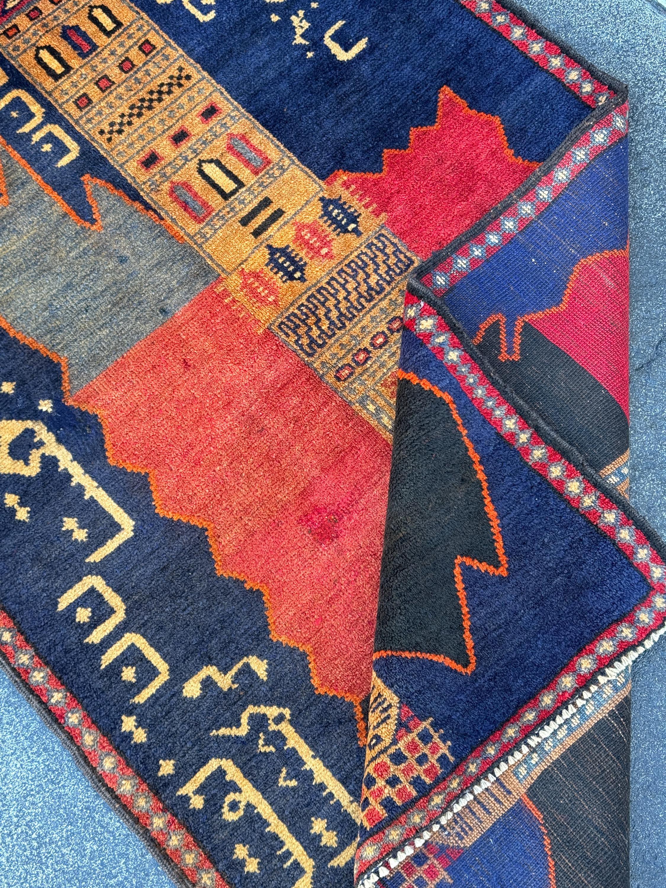 3x5 Handmade Vintage Afghan Baluch Rug | Midnight Navy Blue Gold Saffron Orange Blood Crimson Red Cream Tan Black | Wool Traditional