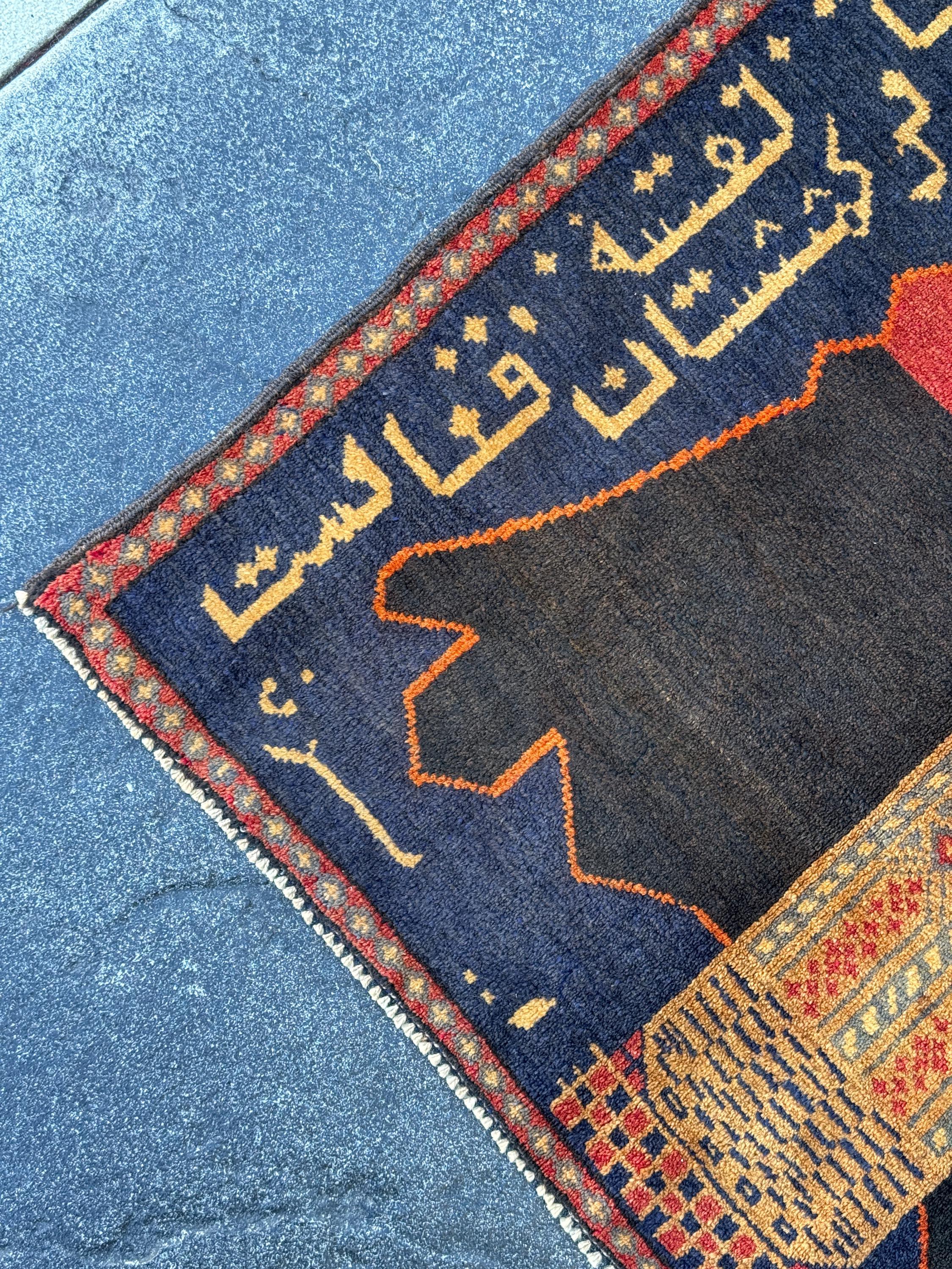 3x5 Handmade Vintage Afghan Baluch Rug | Midnight Navy Blue Gold Saffron Orange Blood Crimson Red Cream Tan Black | Wool Traditional