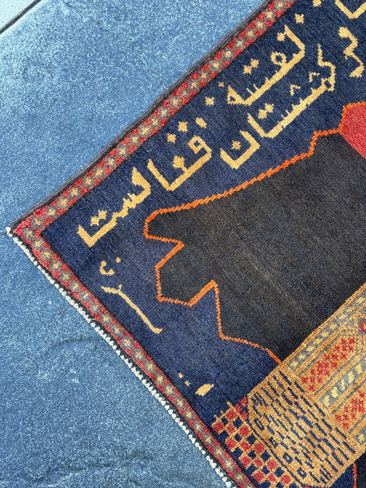 3x5 Handmade Vintage Afghan Baluch Rug | Midnight Navy Blue Gold Saffron Orange Blood Crimson Red Cream Tan Black | Wool Traditional