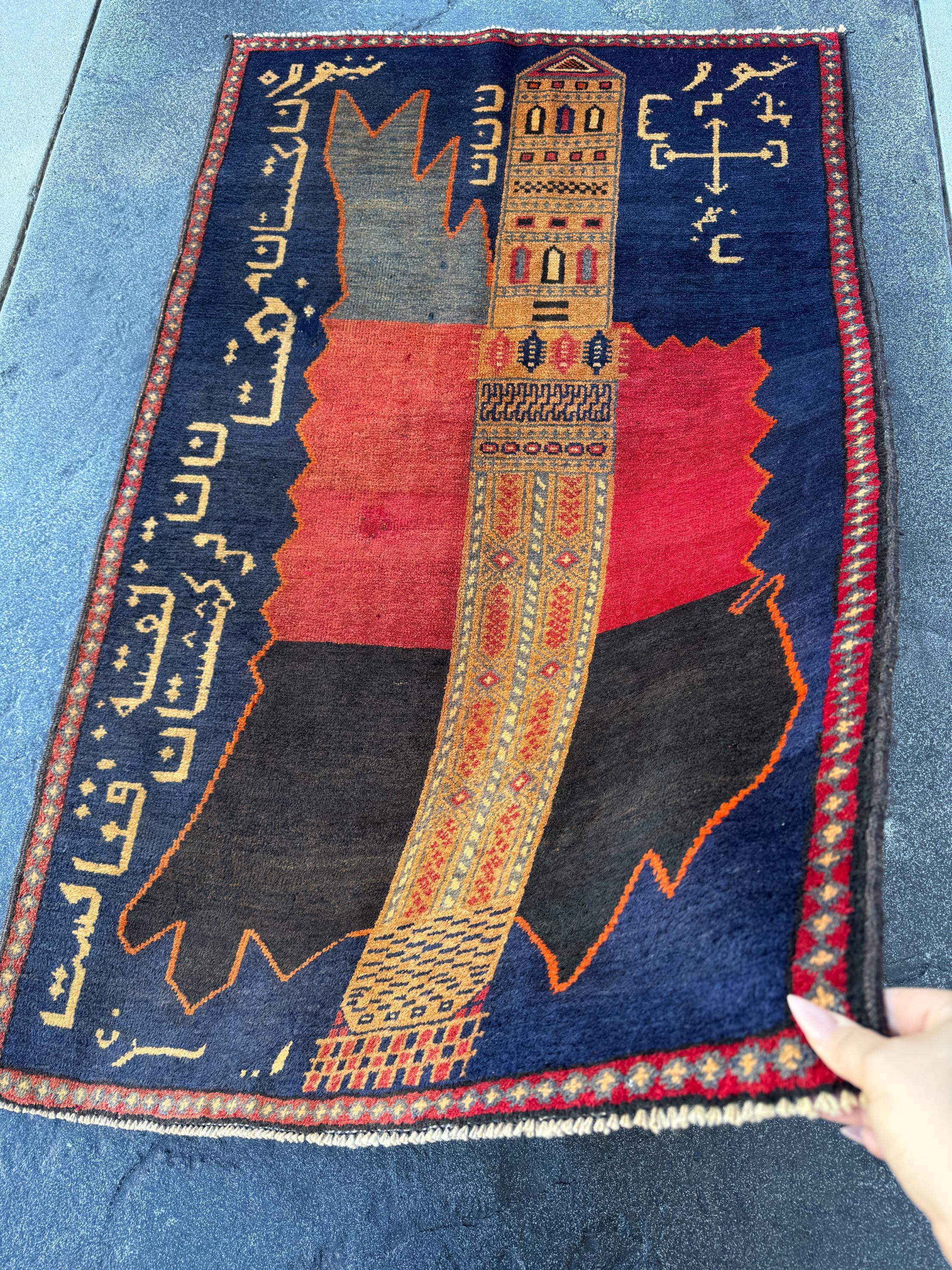 3x5 Handmade Vintage Afghan Baluch Rug | Midnight Navy Blue Gold Saffron Orange Blood Crimson Red Cream Tan Black | Wool Traditional