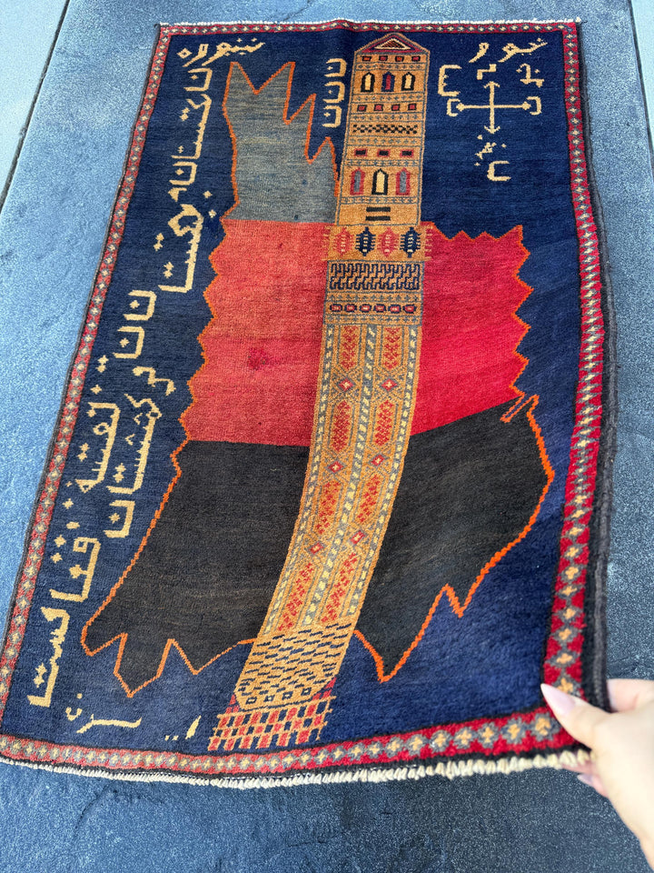 3x5 Handmade Vintage Afghan Baluch Rug | Midnight Navy Blue Gold Saffron Orange Blood Crimson Red Cream Tan Black | Wool Traditional