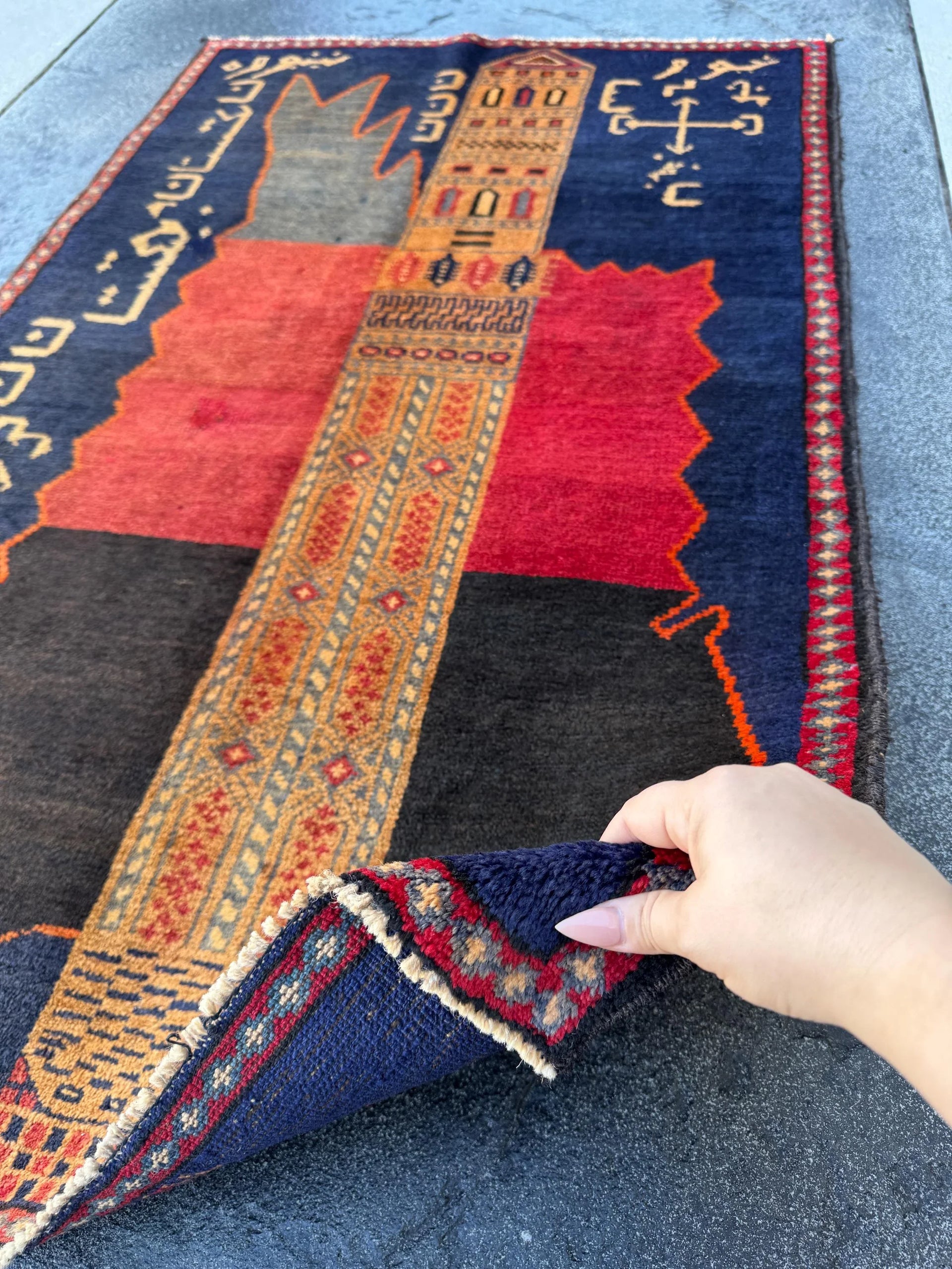 3x5 Handmade Vintage Afghan Baluch Rug | Midnight Navy Blue Gold Saffron Orange Blood Crimson Red Cream Tan Black | Wool Traditional