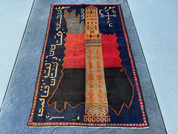 3x5 Handmade Vintage Afghan Baluch Rug | Midnight Navy Blue Gold Saffron Orange Blood Crimson Red Cream Tan Black | Wool Traditional