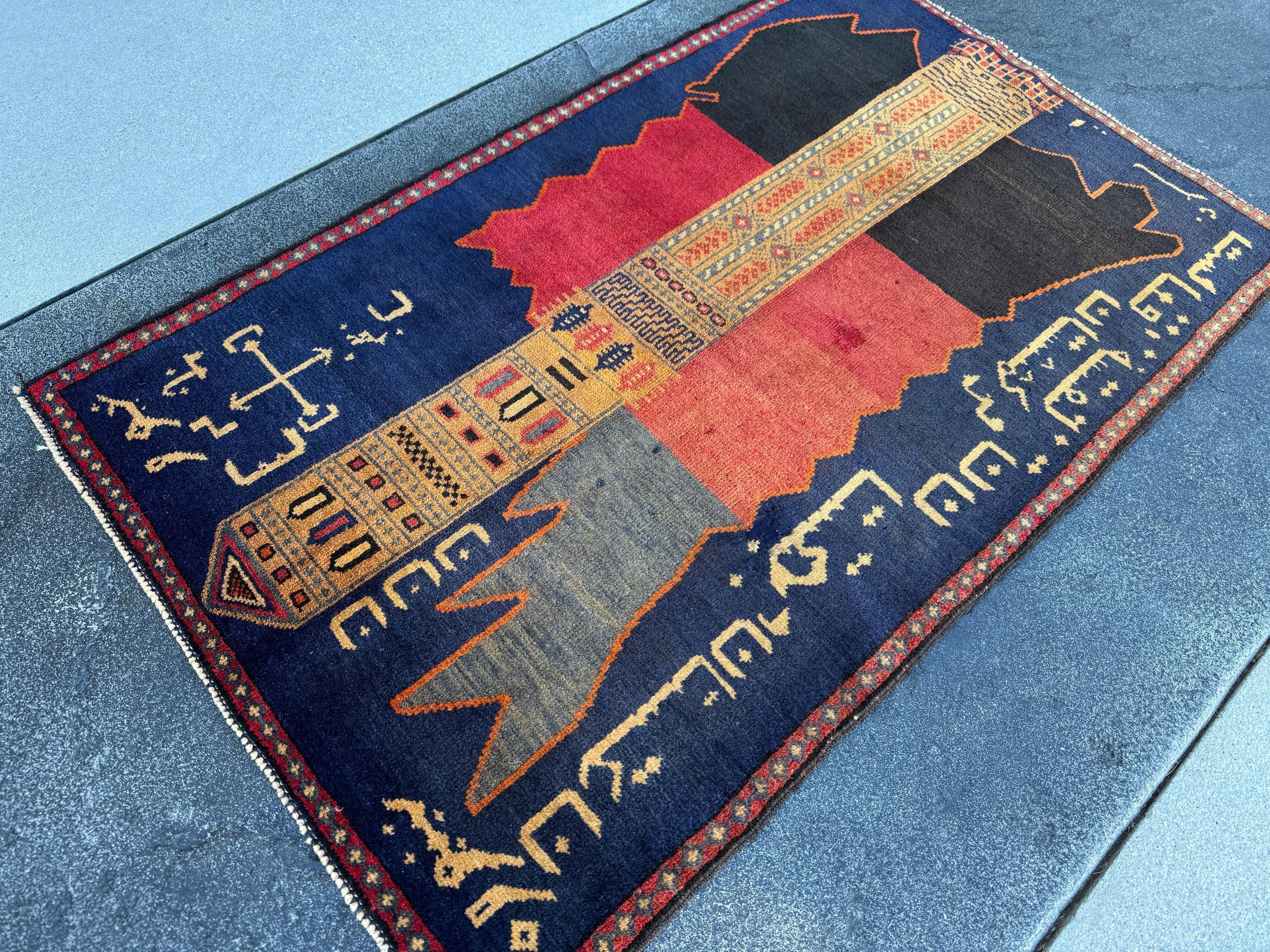 3x5 Handmade Vintage Afghan Baluch Rug | Midnight Navy Blue Gold Saffron Orange Blood Crimson Red Cream Tan Black | Wool Traditional
