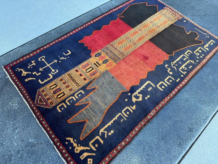3x5 Handmade Vintage Afghan Baluch Rug | Midnight Navy Blue Gold Saffron Orange Blood Crimson Red Cream Tan Black | Wool Traditional