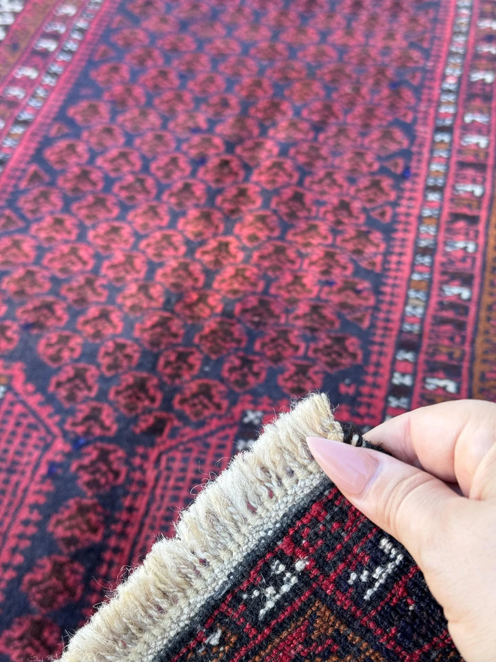3x5 Handmade Vintage Afghan Baluch Rug | Brick Auburn Burgundy Wine Red White Ivory White Black Midnight Blue Caramel Brown | Wool Geometric