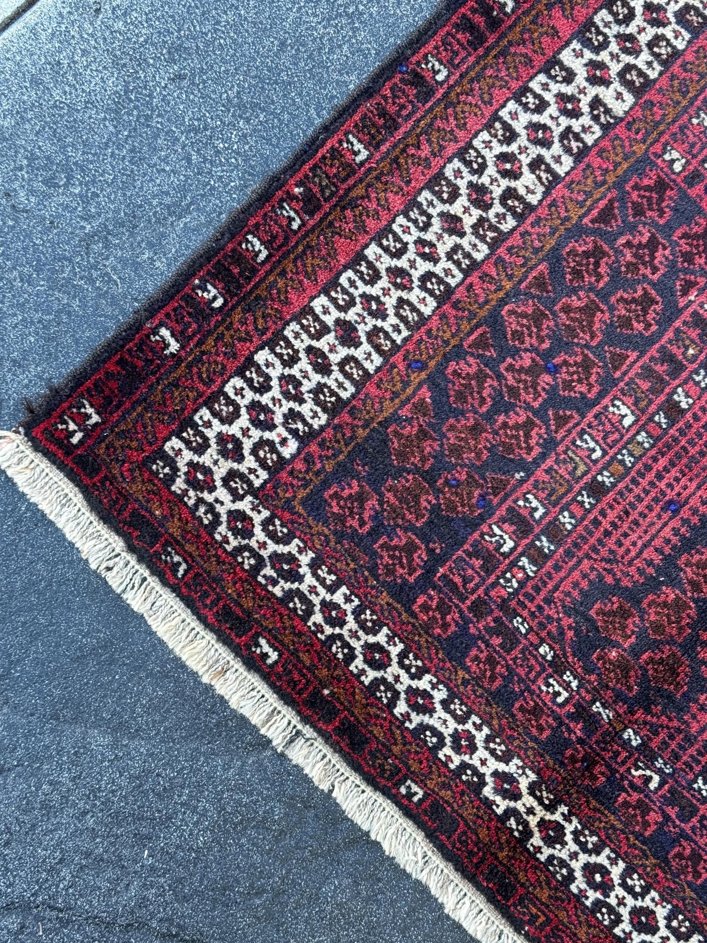 3x5 Handmade Vintage Afghan Baluch Rug | Brick Auburn Burgundy Wine Red White Ivory White Black Midnight Blue Caramel Brown | Wool Geometric