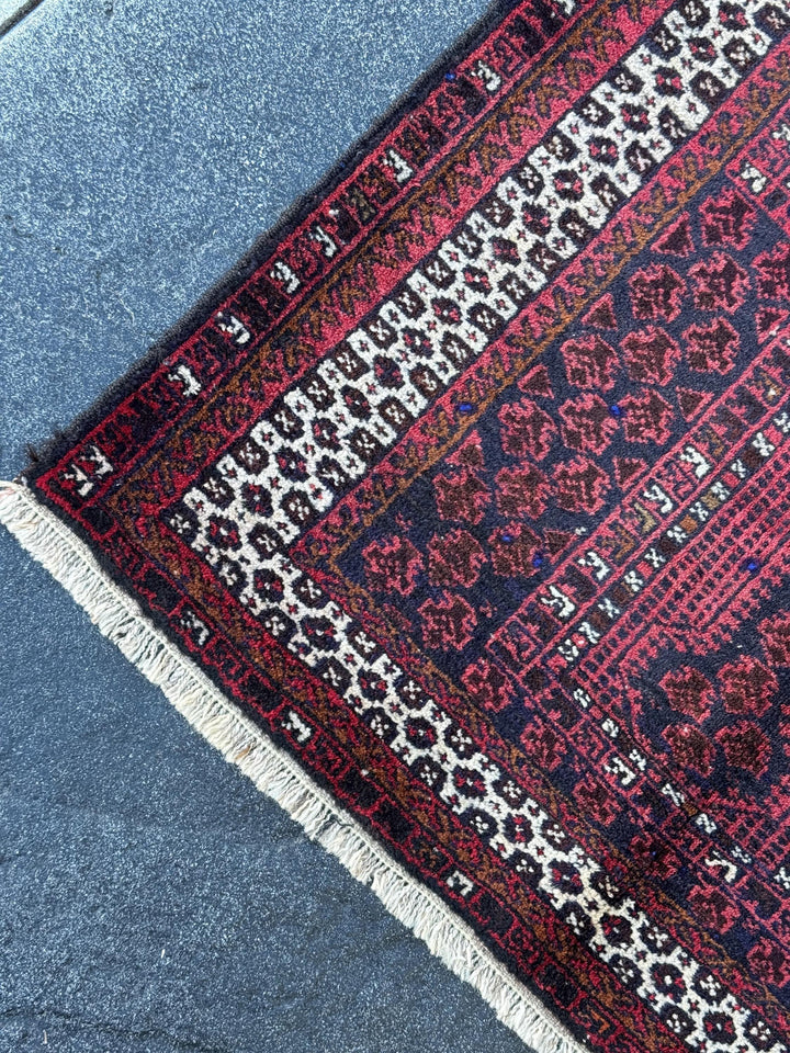 3x5 Handmade Vintage Afghan Baluch Rug | Brick Auburn Burgundy Wine Red White Ivory White Black Midnight Blue Caramel Brown | Wool Geometric