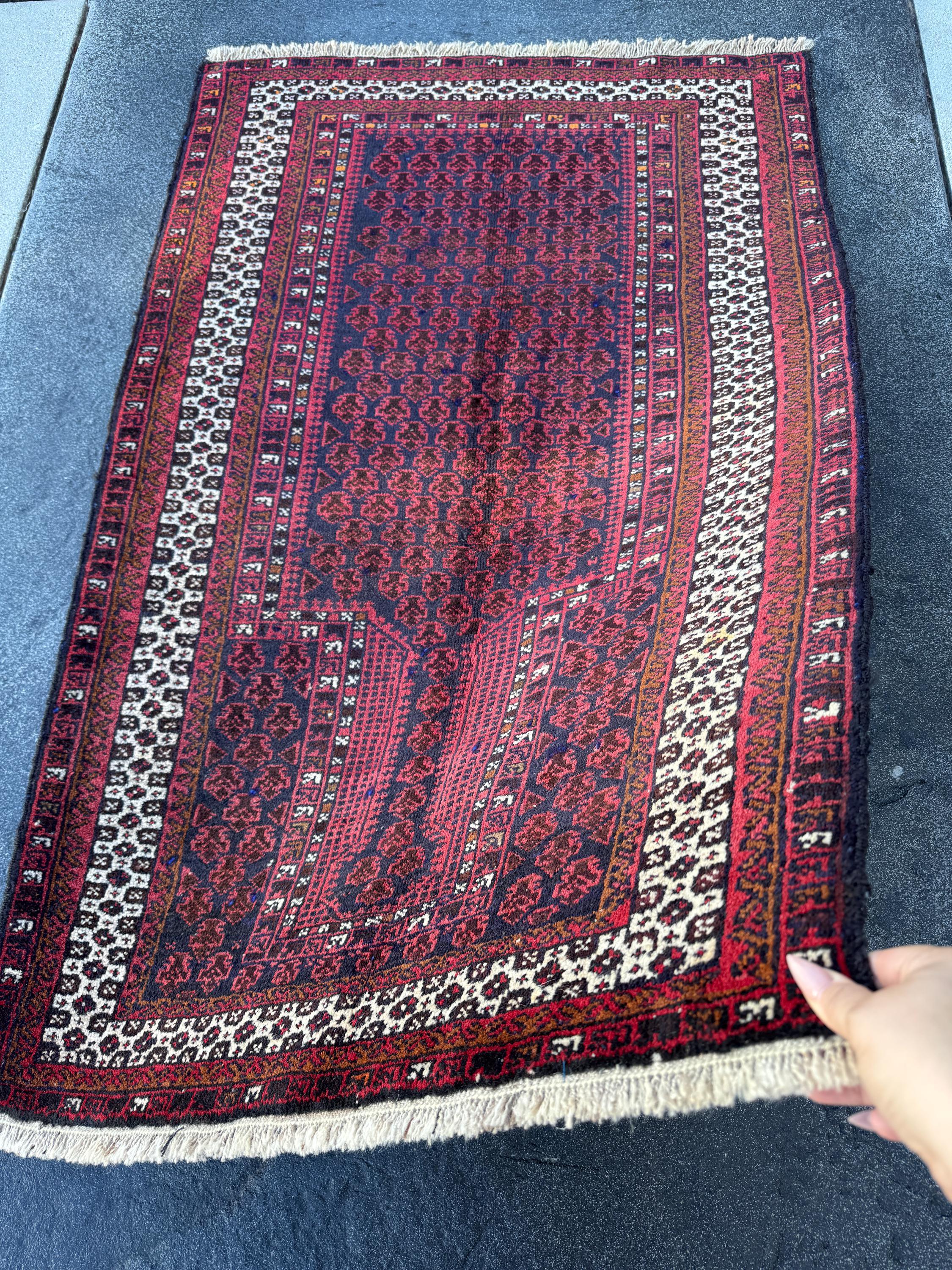 3x5 Handmade Vintage Afghan Baluch Rug | Brick Auburn Burgundy Wine Red White Ivory White Black Midnight Blue Caramel Brown | Wool Geometric