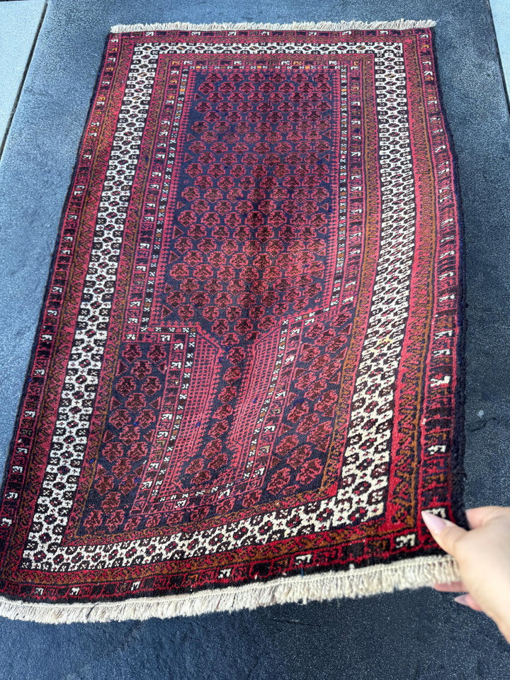 3x5 Handmade Vintage Afghan Baluch Rug | Brick Auburn Burgundy Wine Red White Ivory White Black Midnight Blue Caramel Brown | Wool Geometric