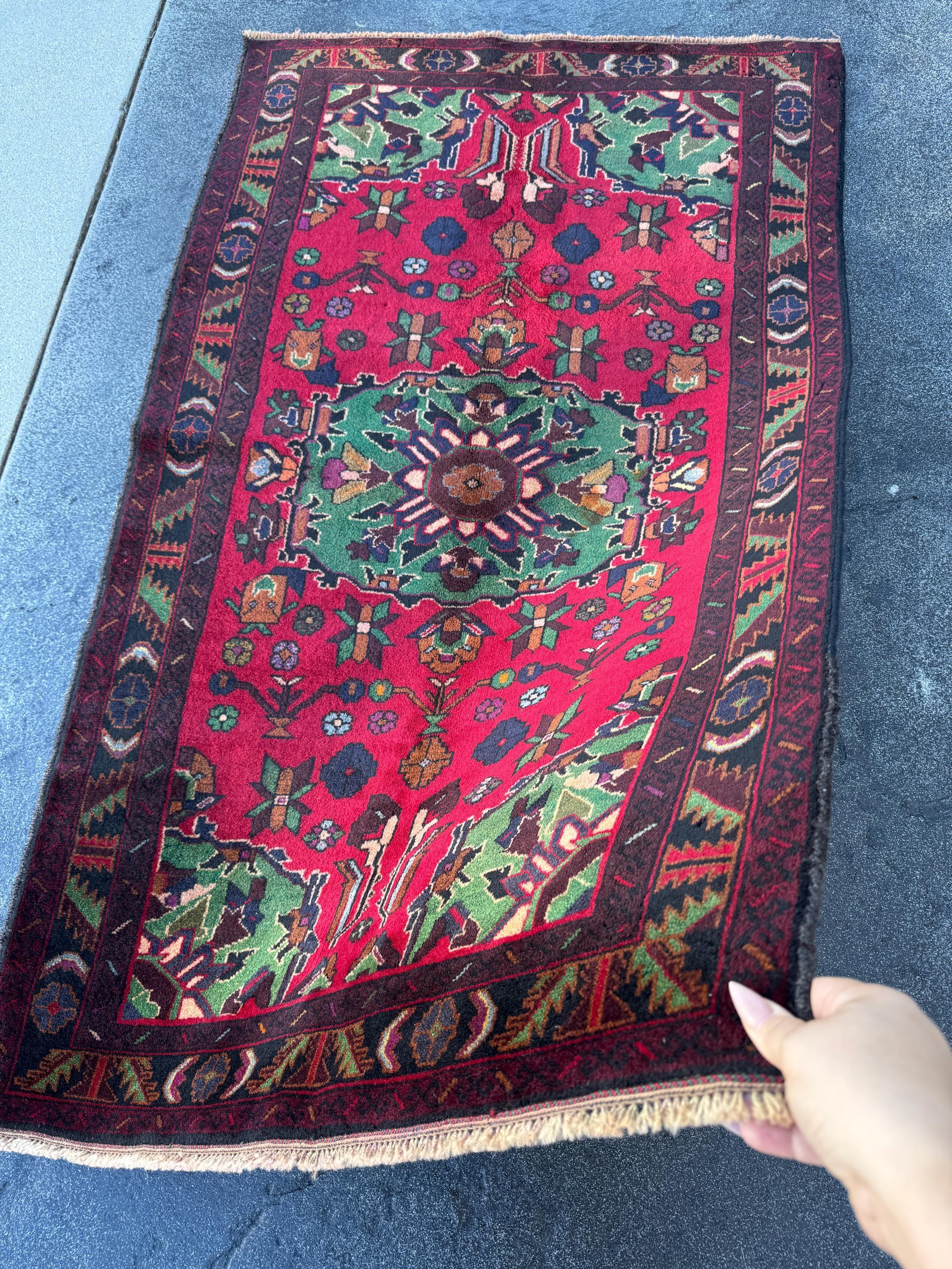 3x5 Handmade Vintage Afghan Baluch Rug | Crimson Maroon Red Purple Pine Forest Green White Cream Burnt Rust Orange Midnight Sky Blue Black