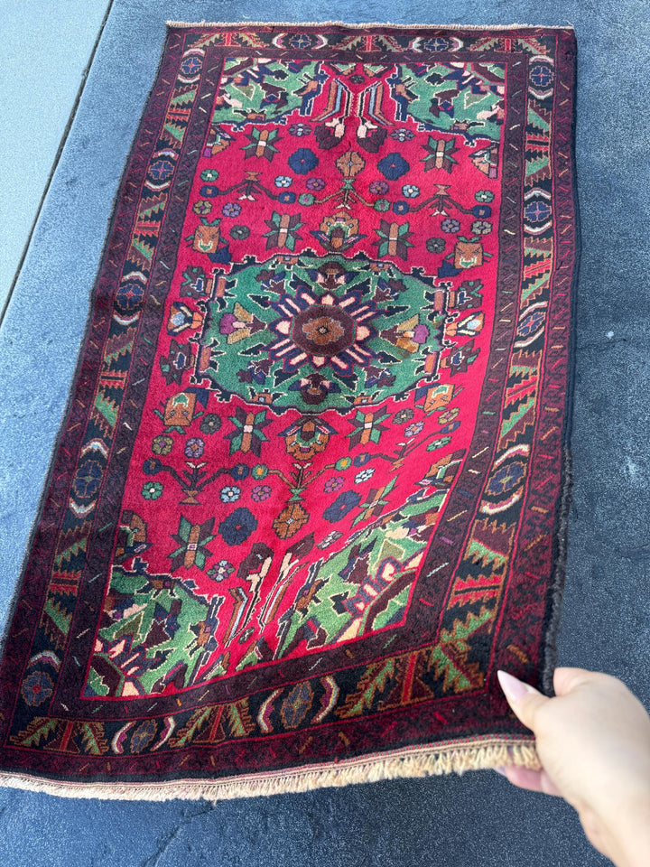 3x5 Handmade Vintage Afghan Baluch Rug | Crimson Maroon Red Purple Pine Forest Green White Cream Burnt Rust Orange Midnight Sky Blue Black