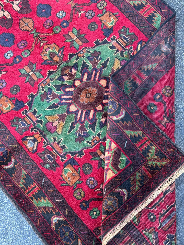 3x5 Handmade Vintage Afghan Baluch Rug | Crimson Maroon Red Purple Pine Forest Green White Cream Burnt Rust Orange Midnight Sky Blue Black