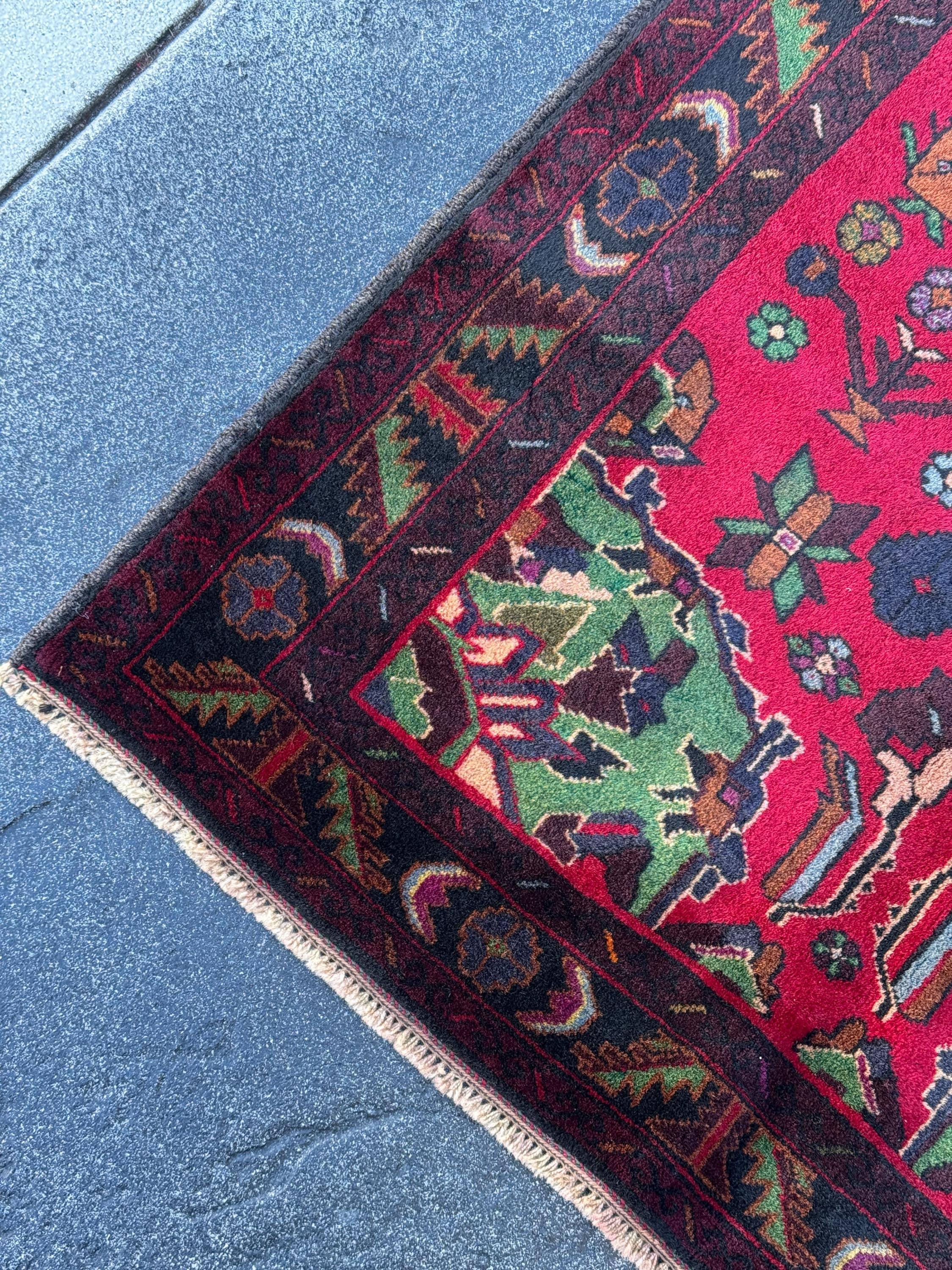 3x5 Handmade Vintage Afghan Baluch Rug | Crimson Maroon Red Purple Pine Forest Green White Cream Burnt Rust Orange Midnight Sky Blue Black