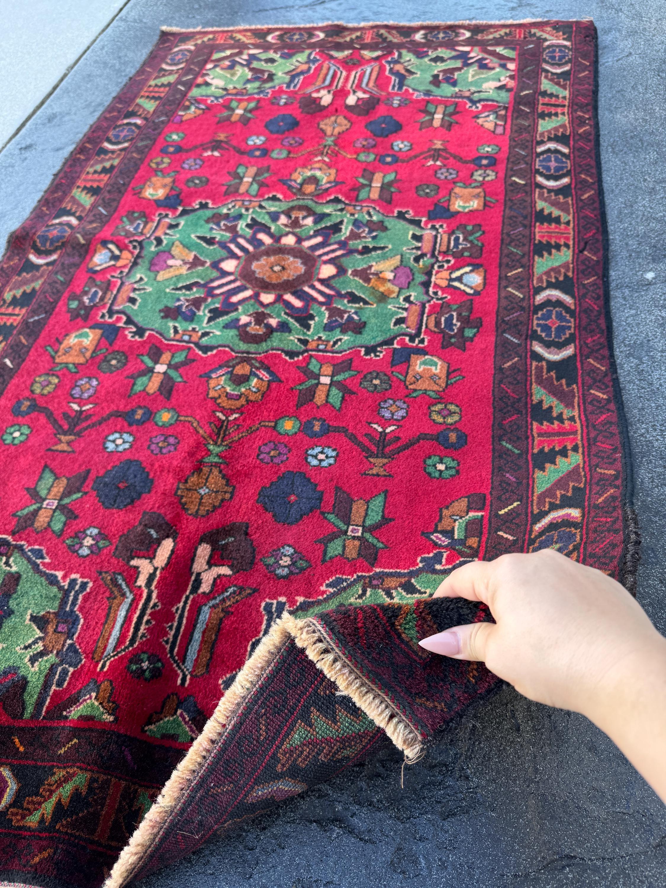 3x5 Handmade Vintage Afghan Baluch Rug | Crimson Maroon Red Purple Pine Forest Green White Cream Burnt Rust Orange Midnight Sky Blue Black