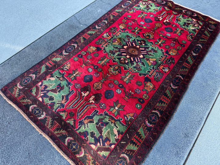 3x5 Handmade Vintage Afghan Baluch Rug | Crimson Maroon Red Purple Pine Forest Green White Cream Burnt Rust Orange Midnight Sky Blue Black
