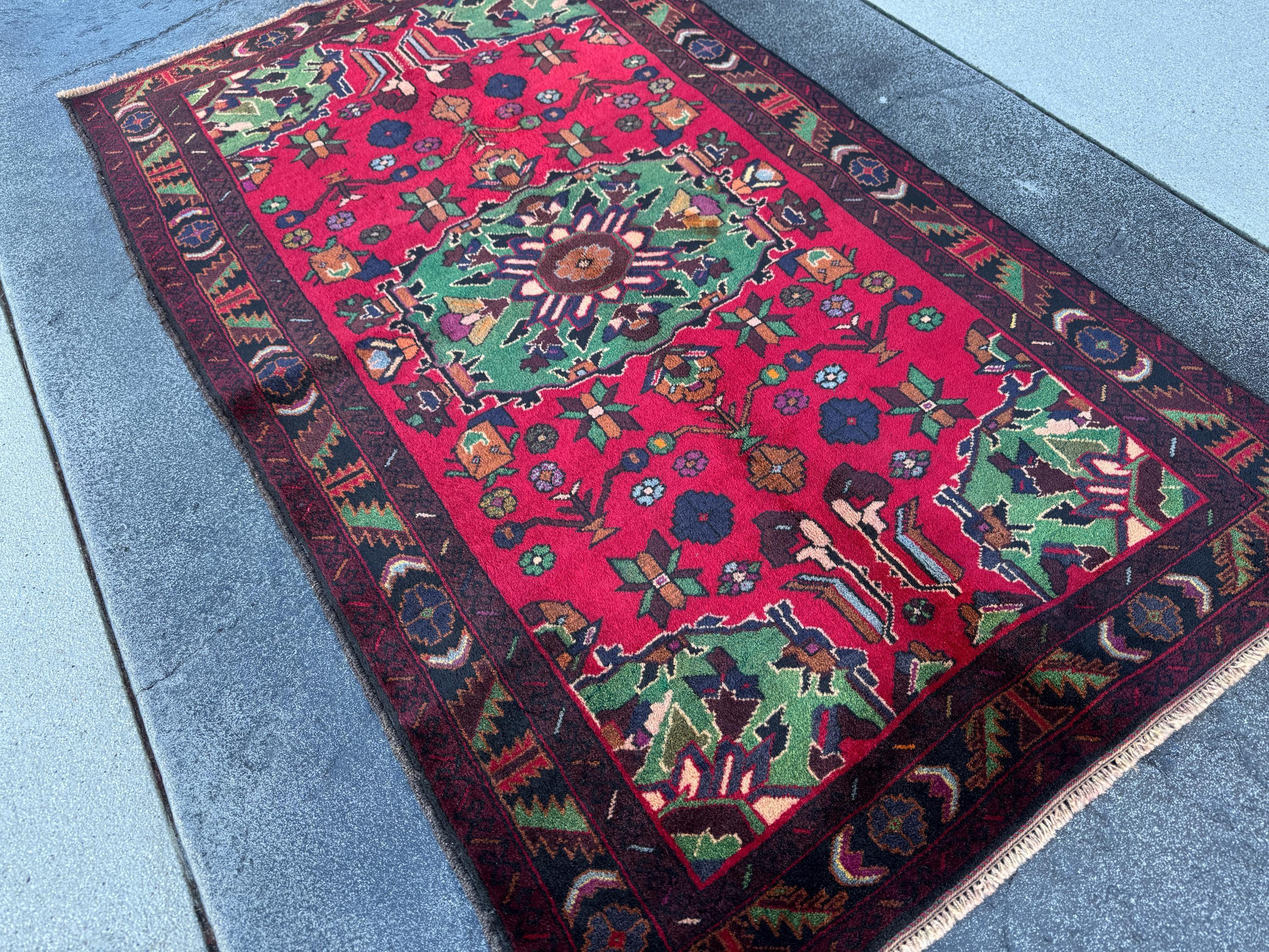 3x5 Handmade Vintage Afghan Baluch Rug | Crimson Maroon Red Purple Pine Forest Green White Cream Burnt Rust Orange Midnight Sky Blue Black