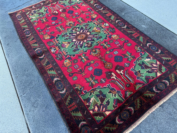 3x5 Handmade Vintage Afghan Baluch Rug | Crimson Maroon Red Purple Pine Forest Green White Cream Burnt Rust Orange Midnight Sky Blue Black