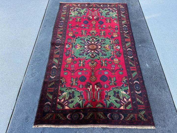 3x5 Handmade Vintage Afghan Baluch Rug | Crimson Maroon Red Purple Pine Forest Green White Cream Burnt Rust Orange Midnight Sky Blue Black