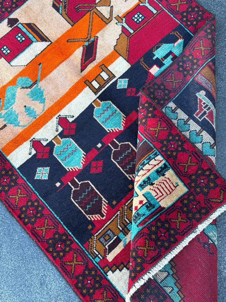 3x4-5 Handmade Vintage Afghan Baluch Rug | Blood Scarlet Burgundy Red Caramel Brown Plum White Cream Peach Orange Midnight Aqua Blue Black