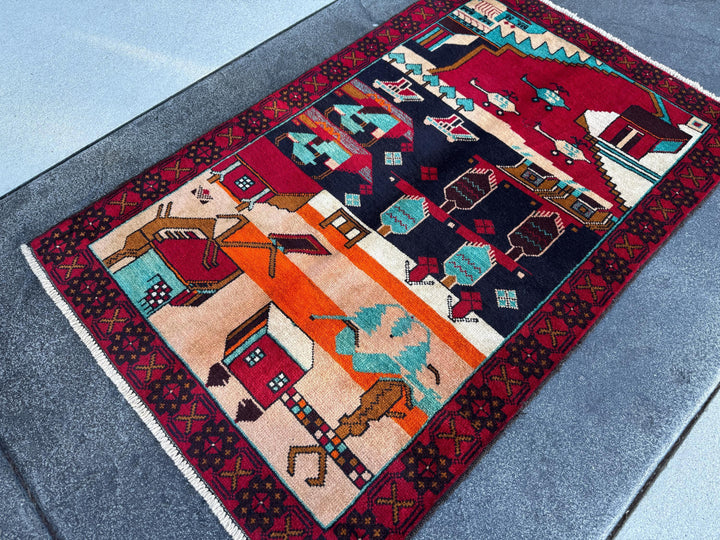 3x4-5 Handmade Vintage Afghan Baluch Rug | Blood Scarlet Burgundy Red Caramel Brown Plum White Cream Peach Orange Midnight Aqua Blue Black