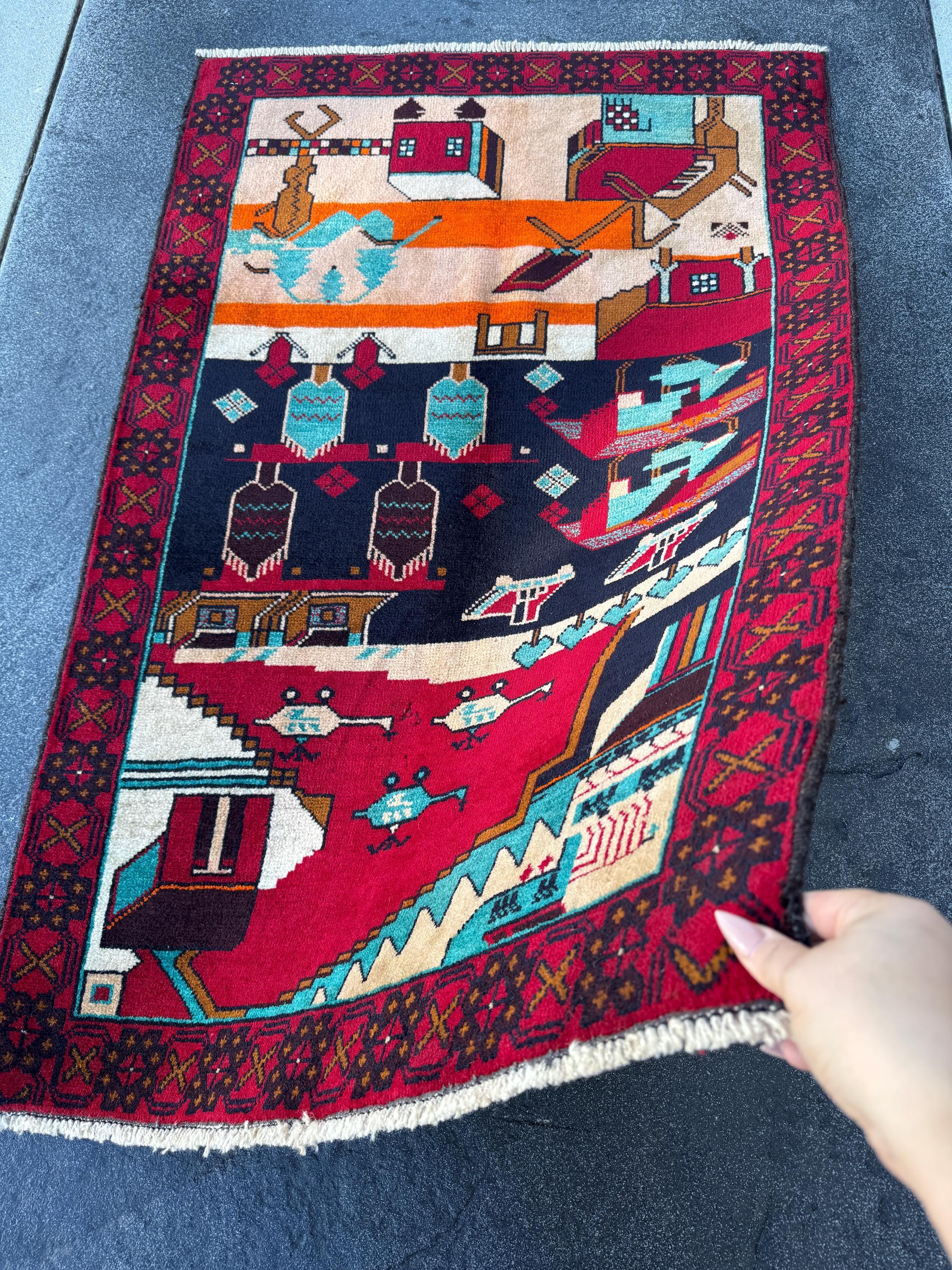 3x4-5 Handmade Vintage Afghan Baluch Rug | Blood Scarlet Burgundy Red Caramel Brown Plum White Cream Peach Orange Midnight Aqua Blue Black
