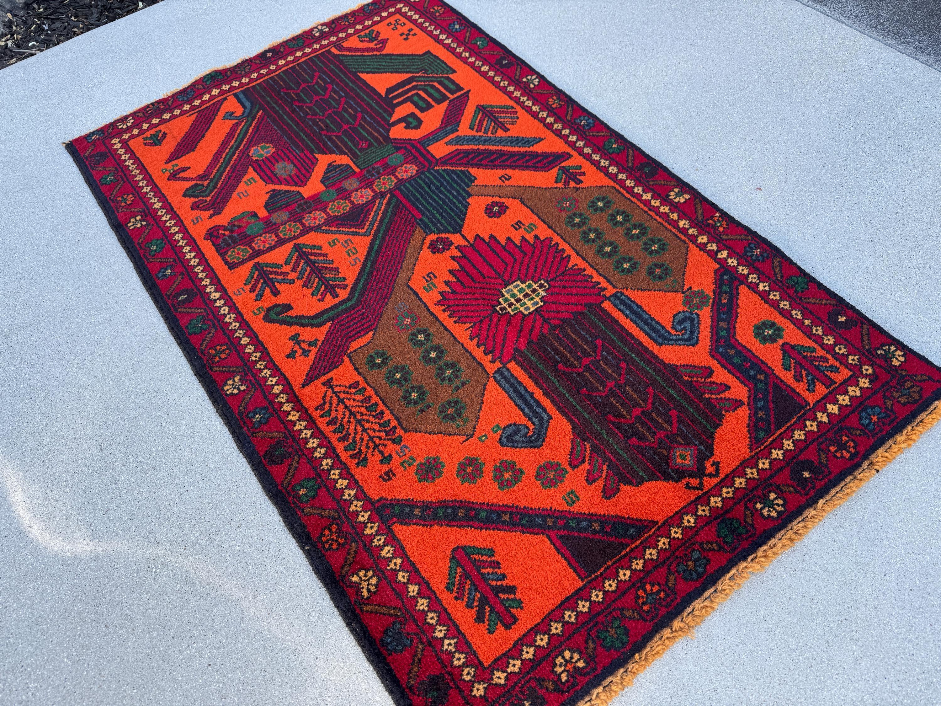 3x4-5 (91x140) Handmade Vintage Afghan Baluch Rug | Orange Forest Green Gold Blood Red Caramel Brown Burgundy Denim Blue | Wool