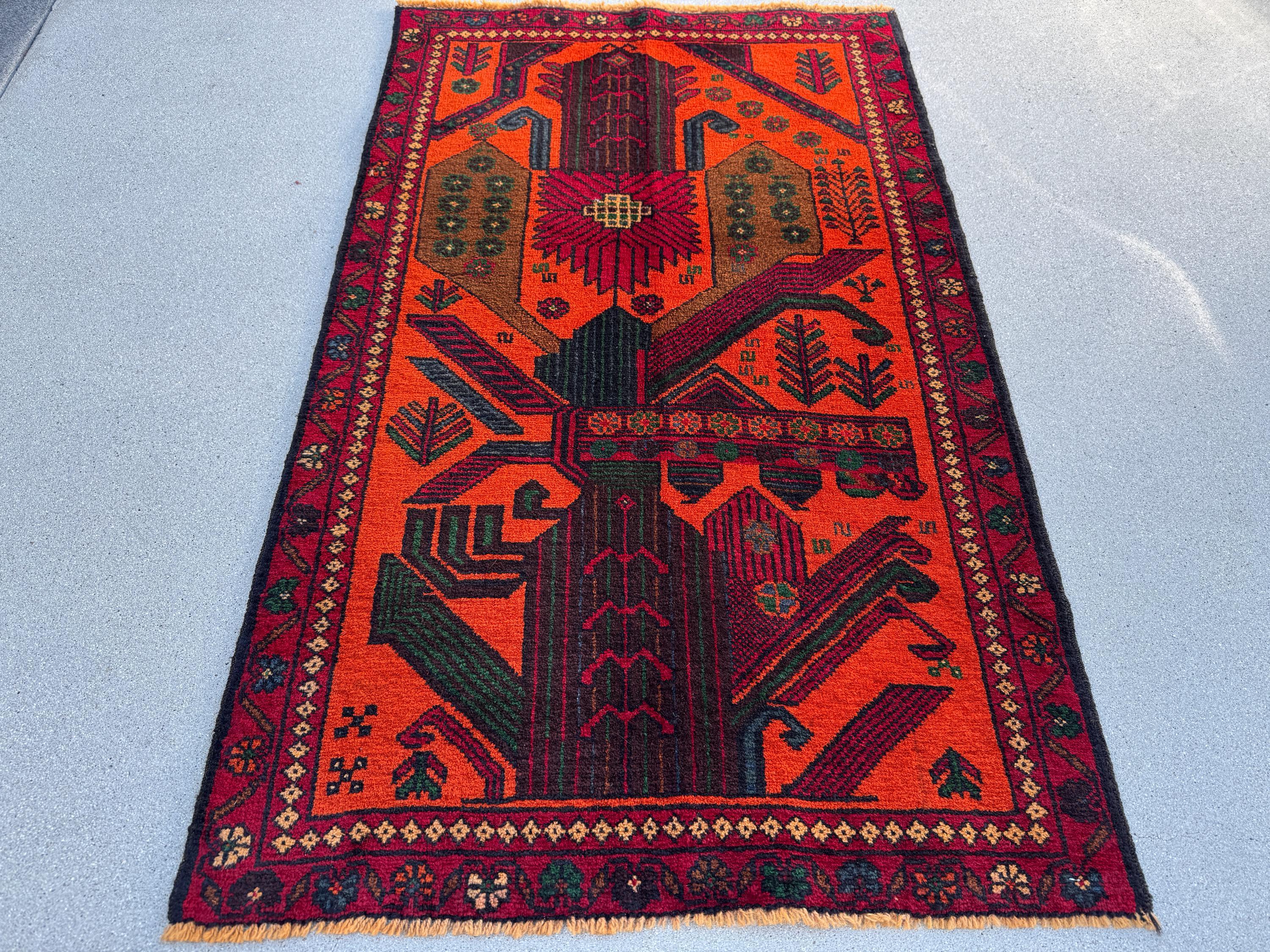 3x4-5 (91x140) Handmade Vintage Afghan Baluch Rug | Orange Forest Green Gold Blood Red Caramel Brown Burgundy Denim Blue | Wool