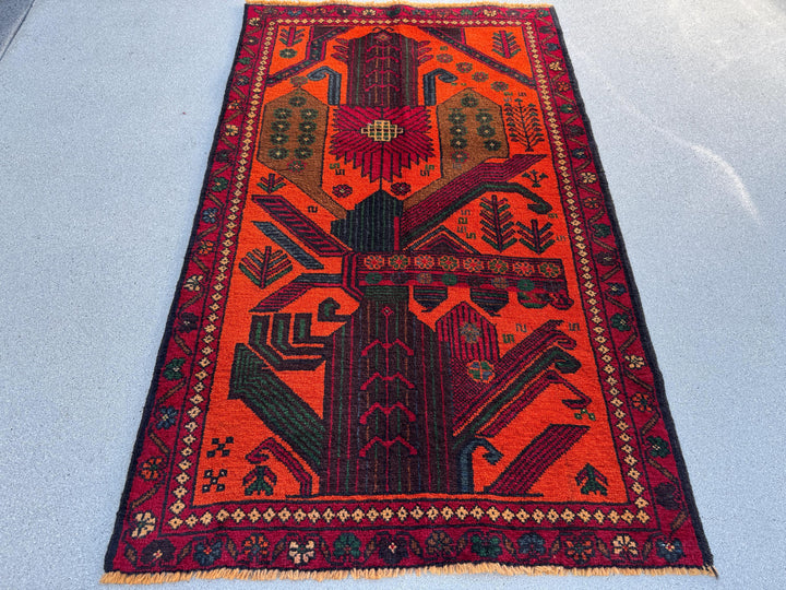 3x4-5 (91x140) Handmade Vintage Afghan Baluch Rug | Orange Forest Green Gold Blood Red Caramel Brown Burgundy Denim Blue | Wool